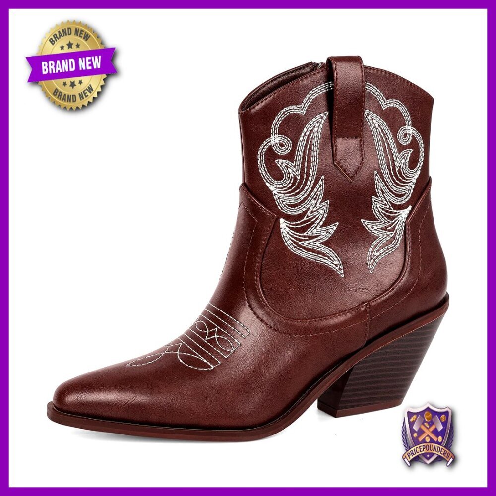 Women's Embroidered Western Cowboy Boots Round Toe Ankle Booties Chunky Heel